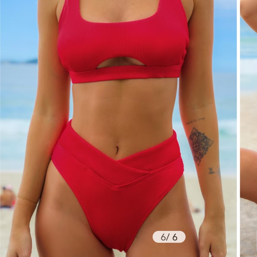 Ribbed Large Red Cut-Out Bikini Top & V-Waist Bottoms Set